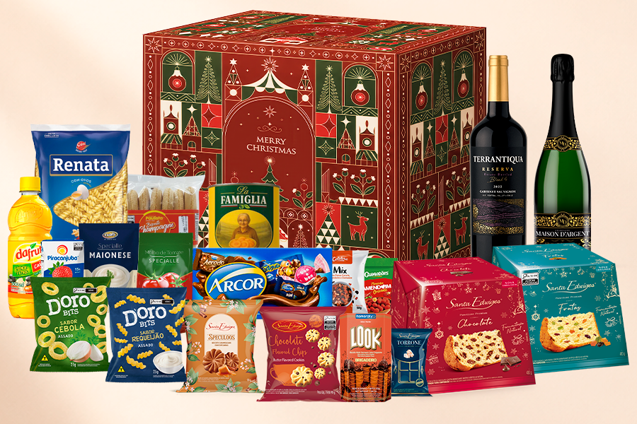 Cesta natalina com caixa decorada e produtos